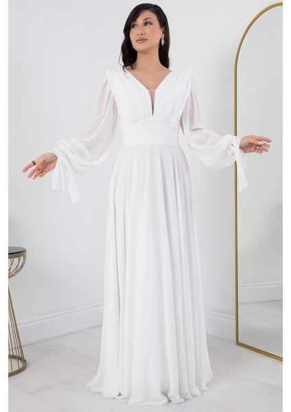 V Yaka Taş Detay Uzun Kol Şifon Elbise DNS1519 indirimleri