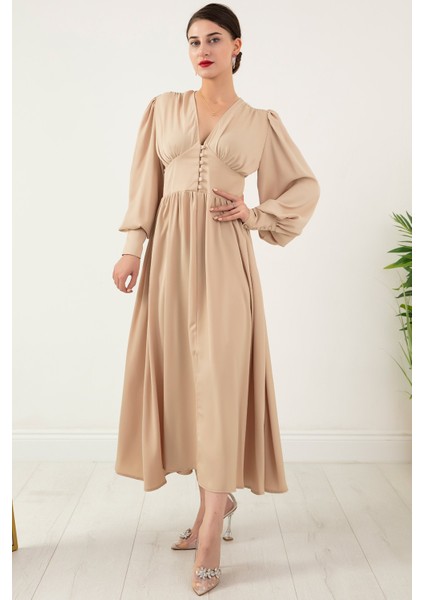 Düğemeli Saten Elbise 222788 modelleri