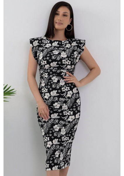 Omuz Vatkalı Çiçekli Elbise NY4267 fiyatları