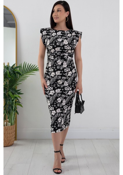 Omuz Vatkalı Çiçekli Elbise NY4267 modelleri