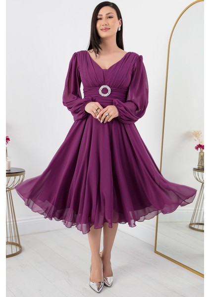 Tokalı Kemerli Şifon Elbise 1449