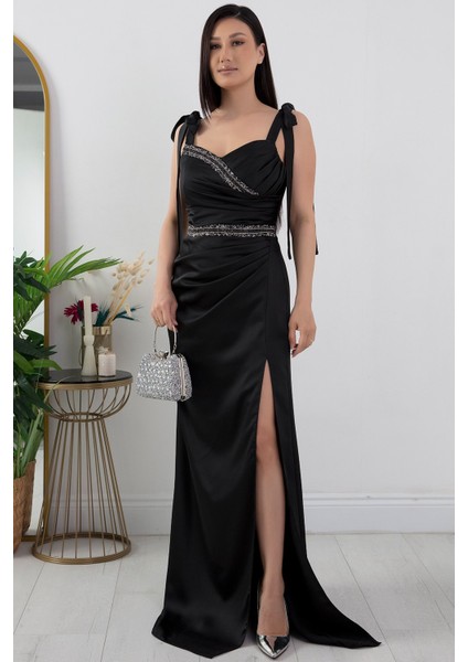 Önü ve Beli Taşlı Saten Abiye Elbise DMN4641