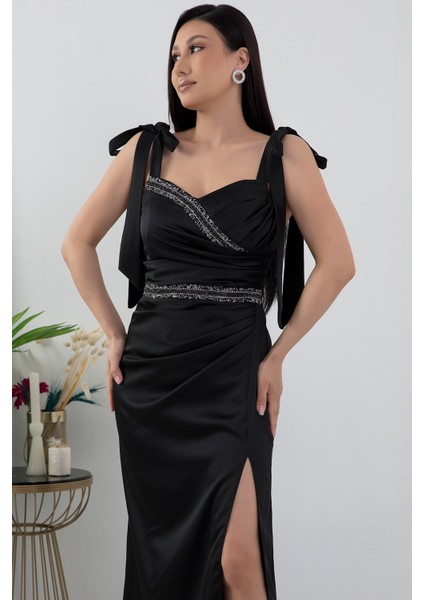 Önü ve Beli Taşlı Saten Abiye Elbise DMN4641 fiyatları