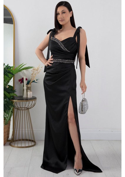 Önü ve Beli Taşlı Saten Abiye Elbise DMN4641 modelleri