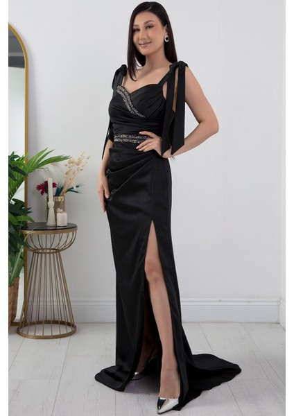 Önü ve Beli Taşlı Saten Abiye Elbise DMN4641 fırsatları