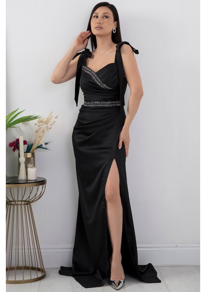 Önü ve Beli Taşlı Saten Abiye Elbise DMN4641 indirimleri