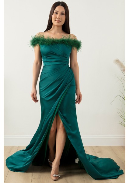 Saten Krep Yaka Tüylü Yırtmaçlı Elbise 13414