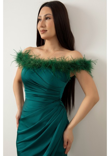 Saten Krep Yaka Tüylü Yırtmaçlı Elbise 13414 fiyatları