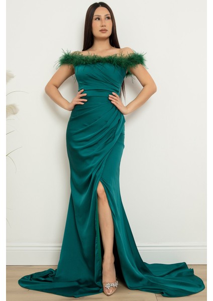 Saten Krep Yaka Tüylü Yırtmaçlı Elbise 13414 indirimleri