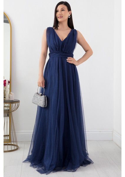 V Yaka Sıfır Kol Işıltılı Tül Elbise 13412