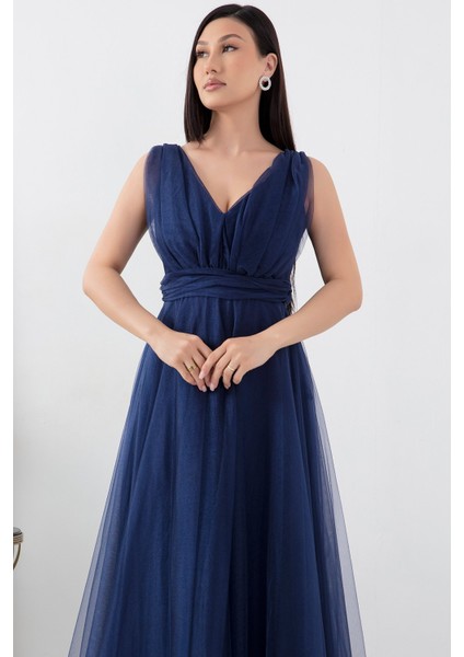 V Yaka Sıfır Kol Işıltılı Tül Elbise 13412 fiyatları