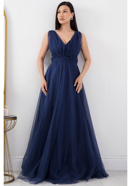 V Yaka Sıfır Kol Işıltılı Tül Elbise 13412 modelleri