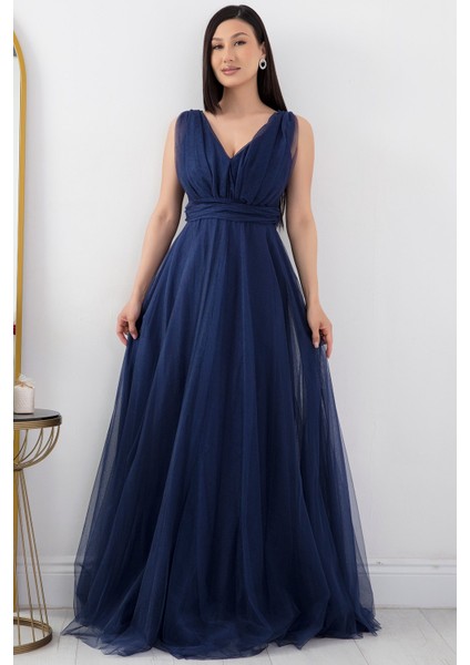 V Yaka Sıfır Kol Işıltılı Tül Elbise 13412 fırsatları