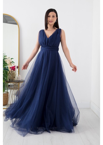 V Yaka Sıfır Kol Işıltılı Tül Elbise 13412 indirimleri