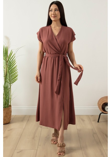 Kruvaze Yaka Kemerli Midiboy Elbise 5227