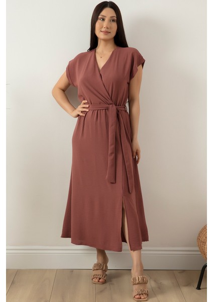 Kruvaze Yaka Kemerli Midiboy Elbise 5227 fırsatları