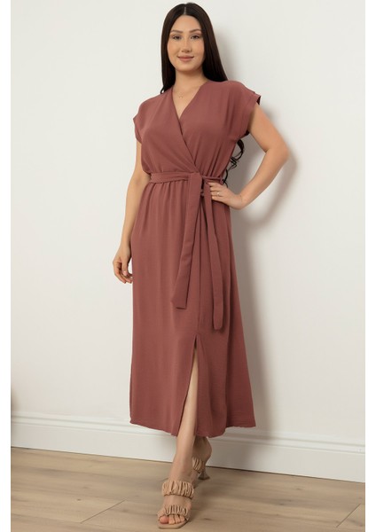 Kruvaze Yaka Kemerli Midiboy Elbise 5227 indirimleri