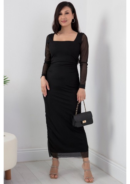 Kare Yaka Uzun Kol Tül Elbise AP-108