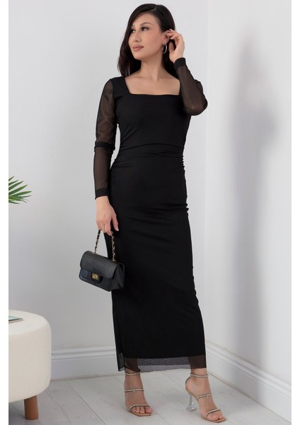 Kare Yaka Uzun Kol Tül Elbise AP-108 modelleri