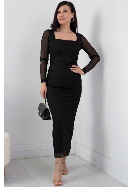 Kare Yaka Uzun Kol Tül Elbise AP-108 fırsatları