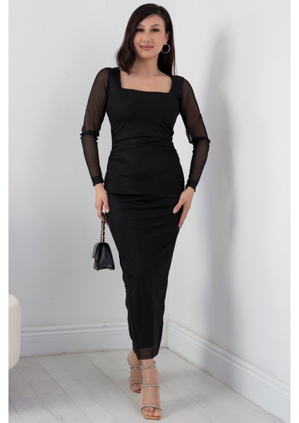 Kare Yaka Uzun Kol Tül Elbise AP-108 indirimleri