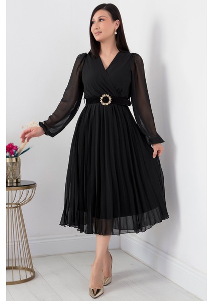 Eteği Pliseli Şifon Elbise GRS3314