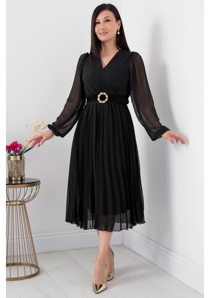 Eteği Pliseli Şifon Elbise GRS3314 modelleri