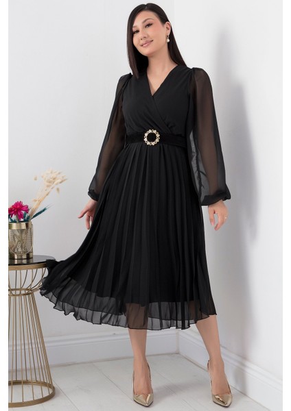 Eteği Pliseli Şifon Elbise GRS3314 fırsatları