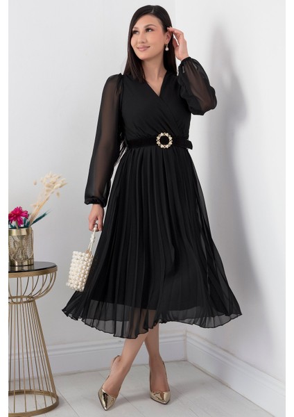 Eteği Pliseli Şifon Elbise GRS3314 indirimleri