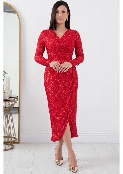 Kruvaze Yaka Yırtmaçlı Pulpayet Elbise AP-0156