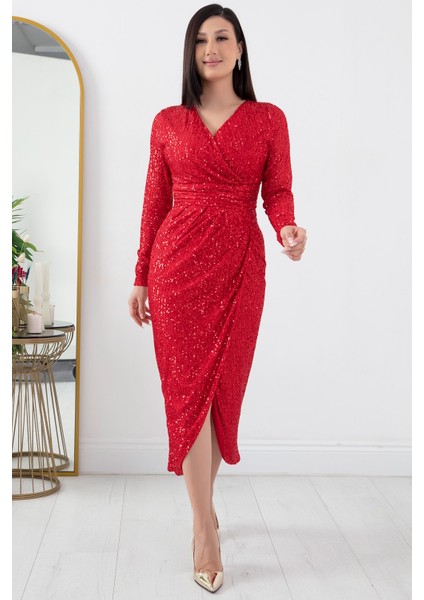 Kruvaze Yaka Yırtmaçlı Pulpayet Elbise AP-0156