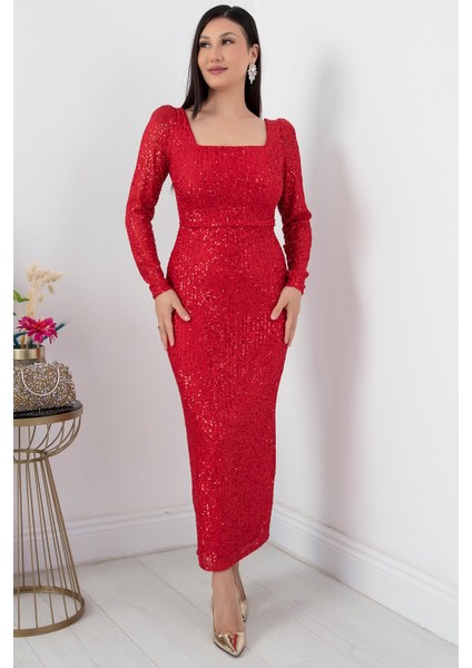 Kare Yaka Uzun Kol Pulpayet Elbise AP-174