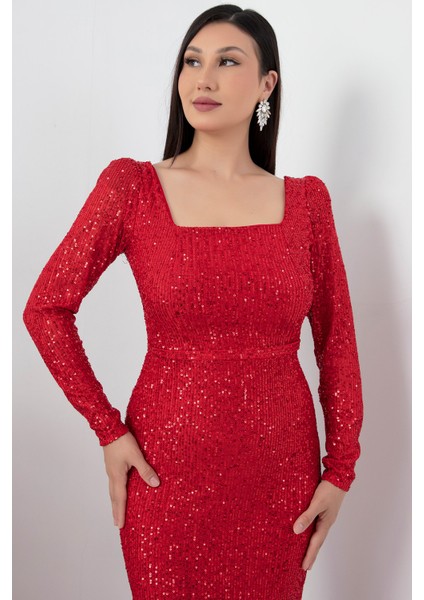 Kare Yaka Uzun Kol Pulpayet Elbise AP-174 fiyatları