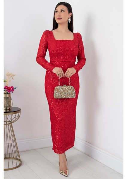 Kare Yaka Uzun Kol Pulpayet Elbise AP-174 modelleri