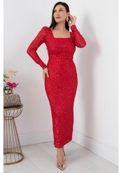 Kare Yaka Uzun Kol Pulpayet Elbise AP-174 fırsatları