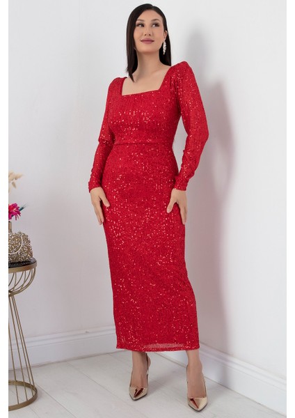 Kare Yaka Uzun Kol Pulpayet Elbise AP-174 indirimleri