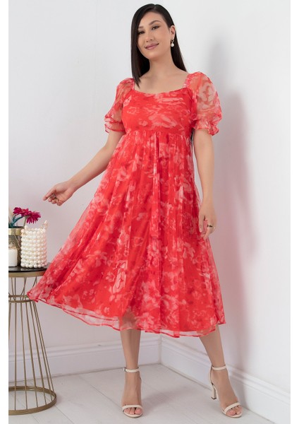 Kare Yaka Kısa Kol Tül Elbise GRS3455