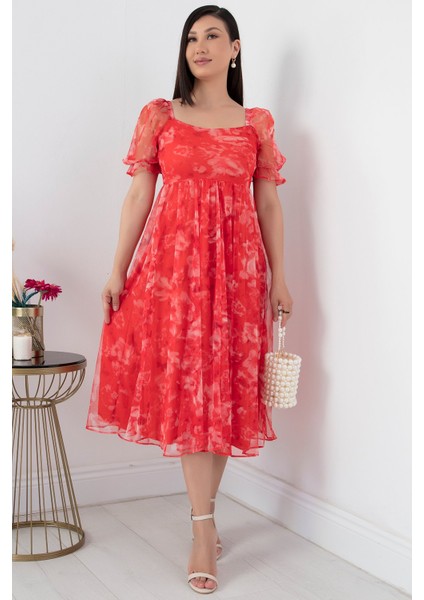 Kare Yaka Kısa Kol Tül Elbise GRS3455 modelleri