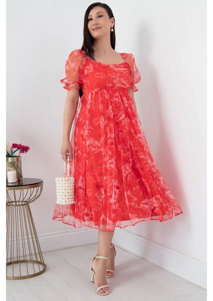 Kare Yaka Kısa Kol Tül Elbise GRS3455 fırsatları