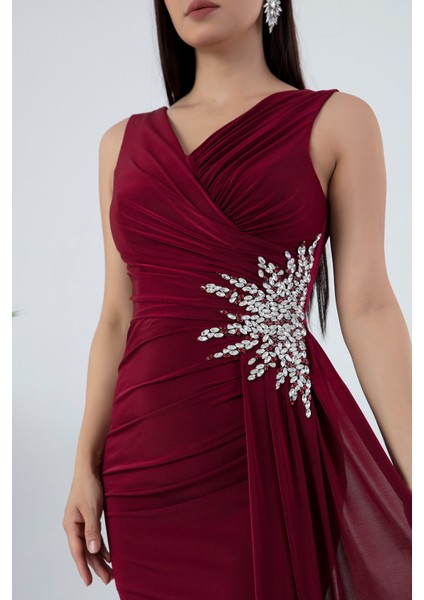 Beli Taşlı Yırtmaçlı Abiye Elbise ECR5301
