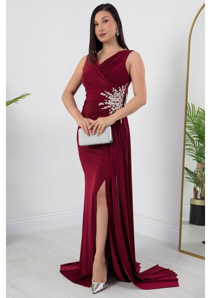 Beli Taşlı Yırtmaçlı Abiye Elbise ECR5301