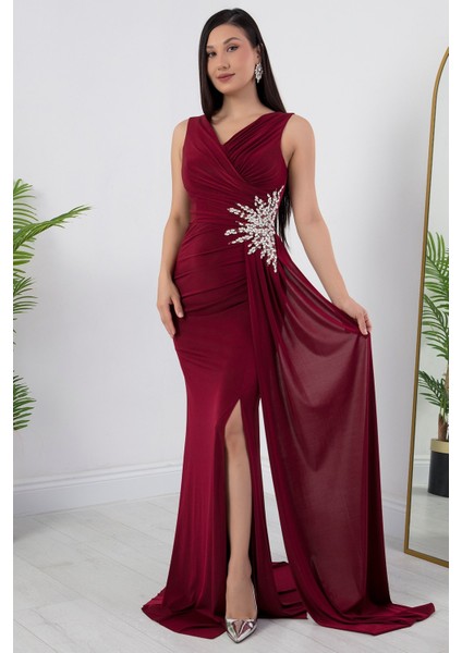 Beli Taşlı Yırtmaçlı Abiye Elbise ECR5301