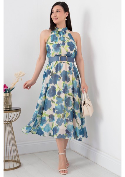 Halter Yaka Midi Çiçekli Elbise GRS3432 modelleri