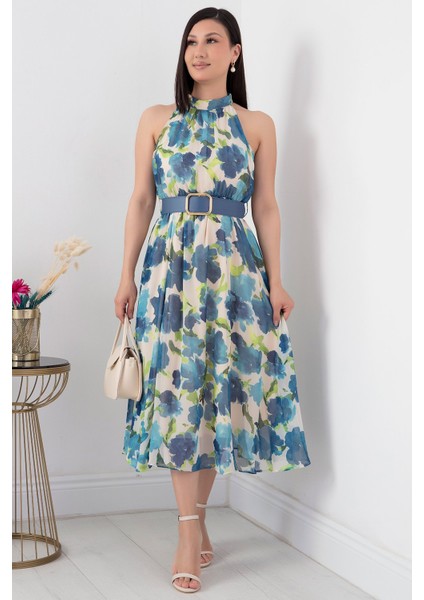 Halter Yaka Midi Çiçekli Elbise GRS3432 fırsatları