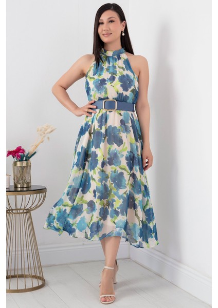 Halter Yaka Midi Çiçekli Elbise GRS3432 indirimleri