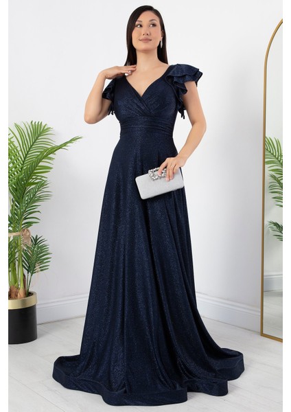 Kol Volanlı Simli Abiye Elbise 39925