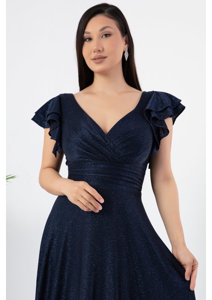 Kol Volanlı Simli Abiye Elbise 39925 fiyatları