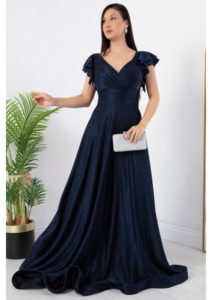 Kol Volanlı Simli Abiye Elbise 39925 modelleri