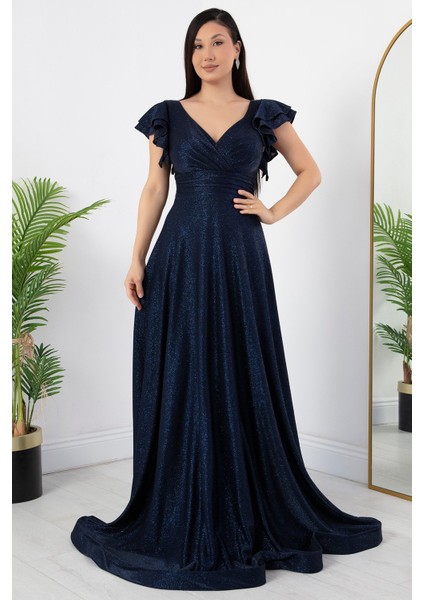 Kol Volanlı Simli Abiye Elbise 39925 fırsatları