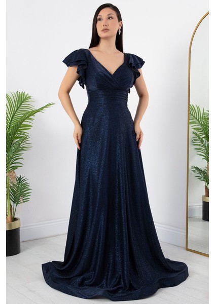 Kol Volanlı Simli Abiye Elbise 39925 indirimleri